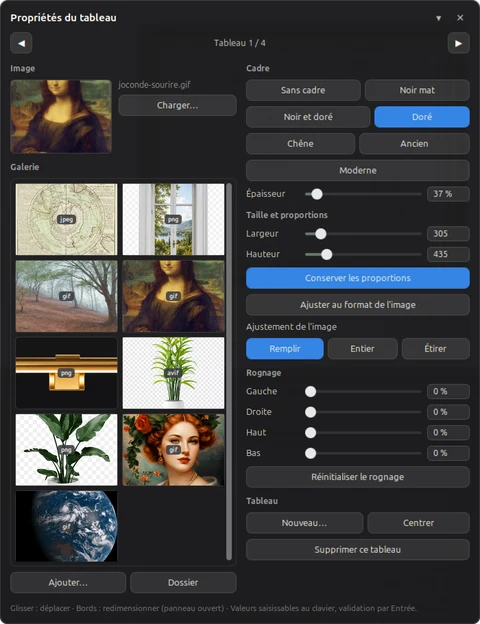 The “Picture properties” window: frame choice, thickness, dimensions, image gallery